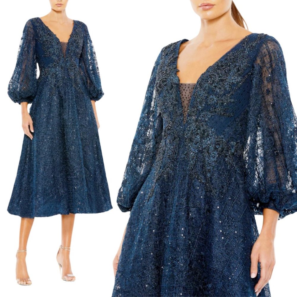 Mac Duggal 20391 Size 8 Dark Blue Floral V-Neck Long Bishop Sleeve‎ Midi Dress
